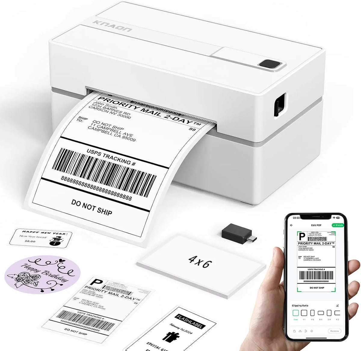 KNAON Bluetooth Thermal Shipping Label Printer - 4x6 Portable Thermal Address Label Printer for Small Business, Compatible with iPhone, Android, Mac
