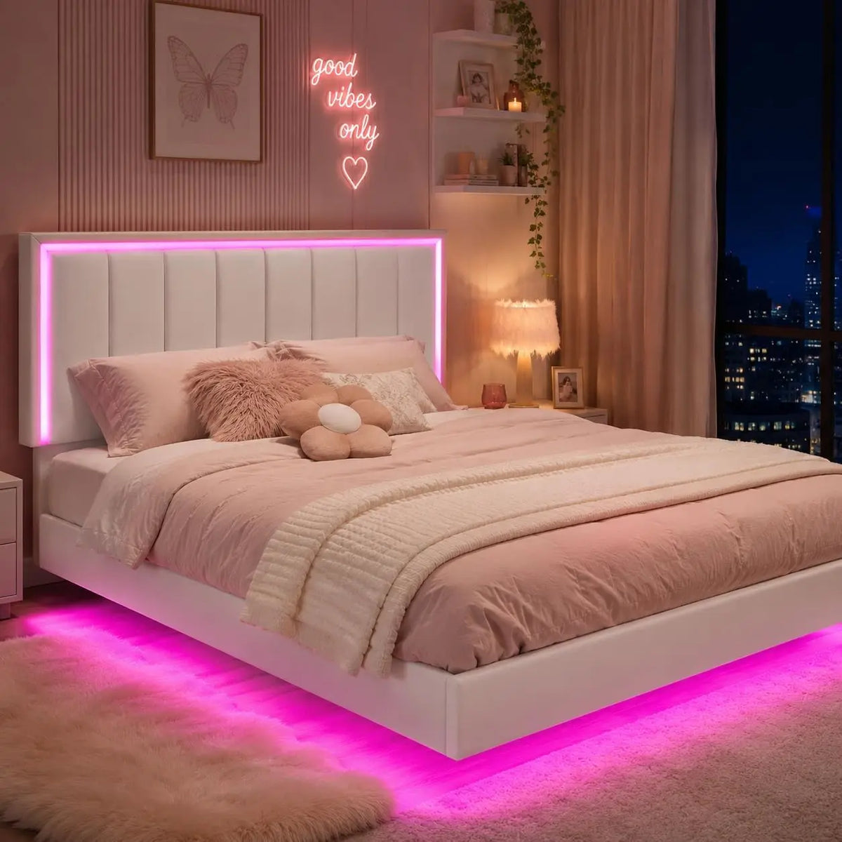 IMMERSTABLE Full Size Floating Bed Frame with LED Lights - Upholstered Platform Bed with Headboard, 11 in Storage Clearance, Solid Wood Slats, White