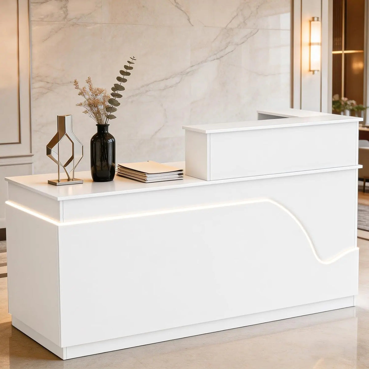 L-Shaped Reception with LED Lights - Modern Office Desk with Drawer & Lockable Cabinet & Storage, Front Desk Reception Counter for Office, White