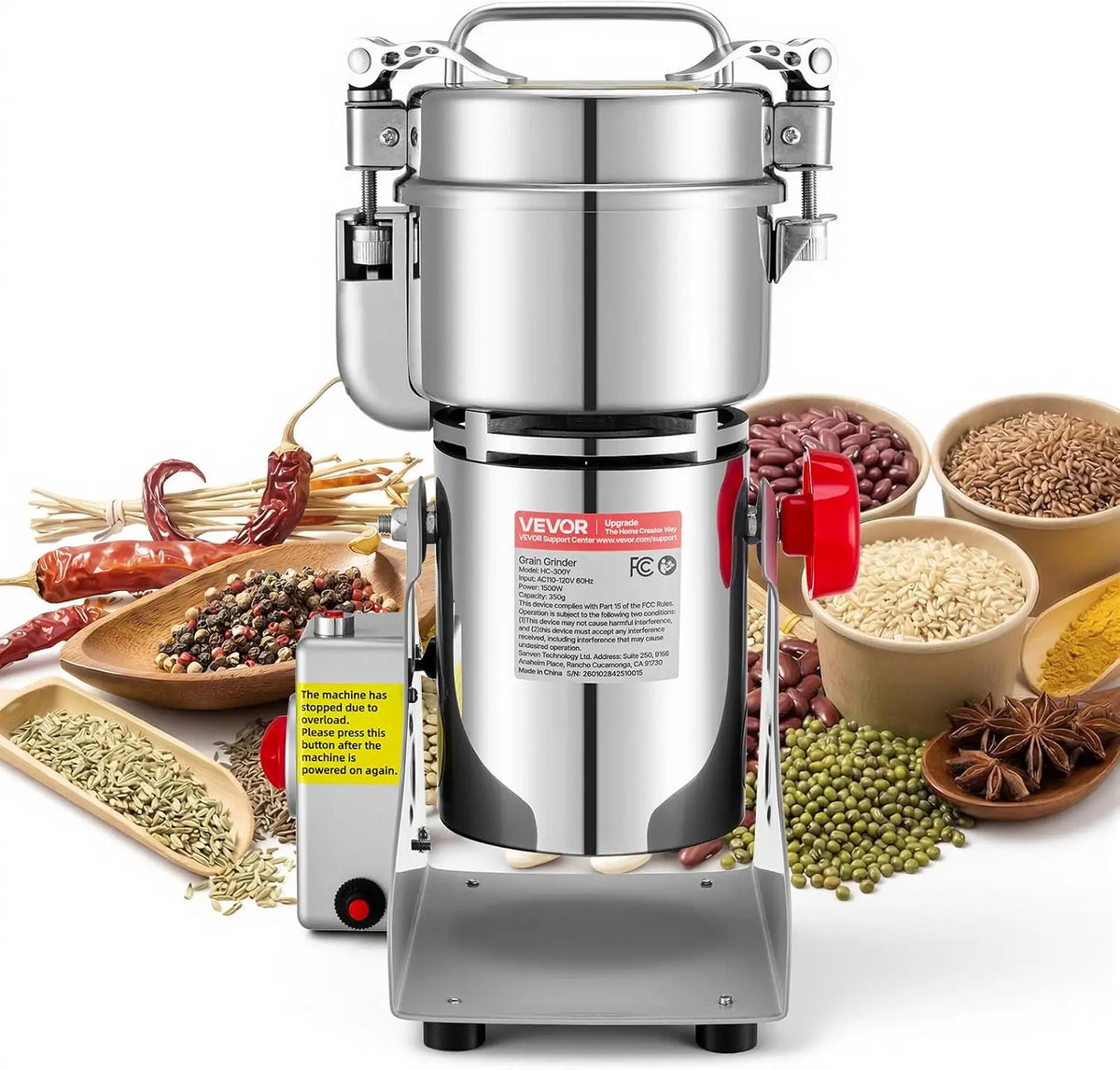 VEVOR 300g Electric Grain Mill Grinder - High Speed 1500W Commercial Spice Grinders, Stainless Steel Pulverizer Powder Machine, Swing Type