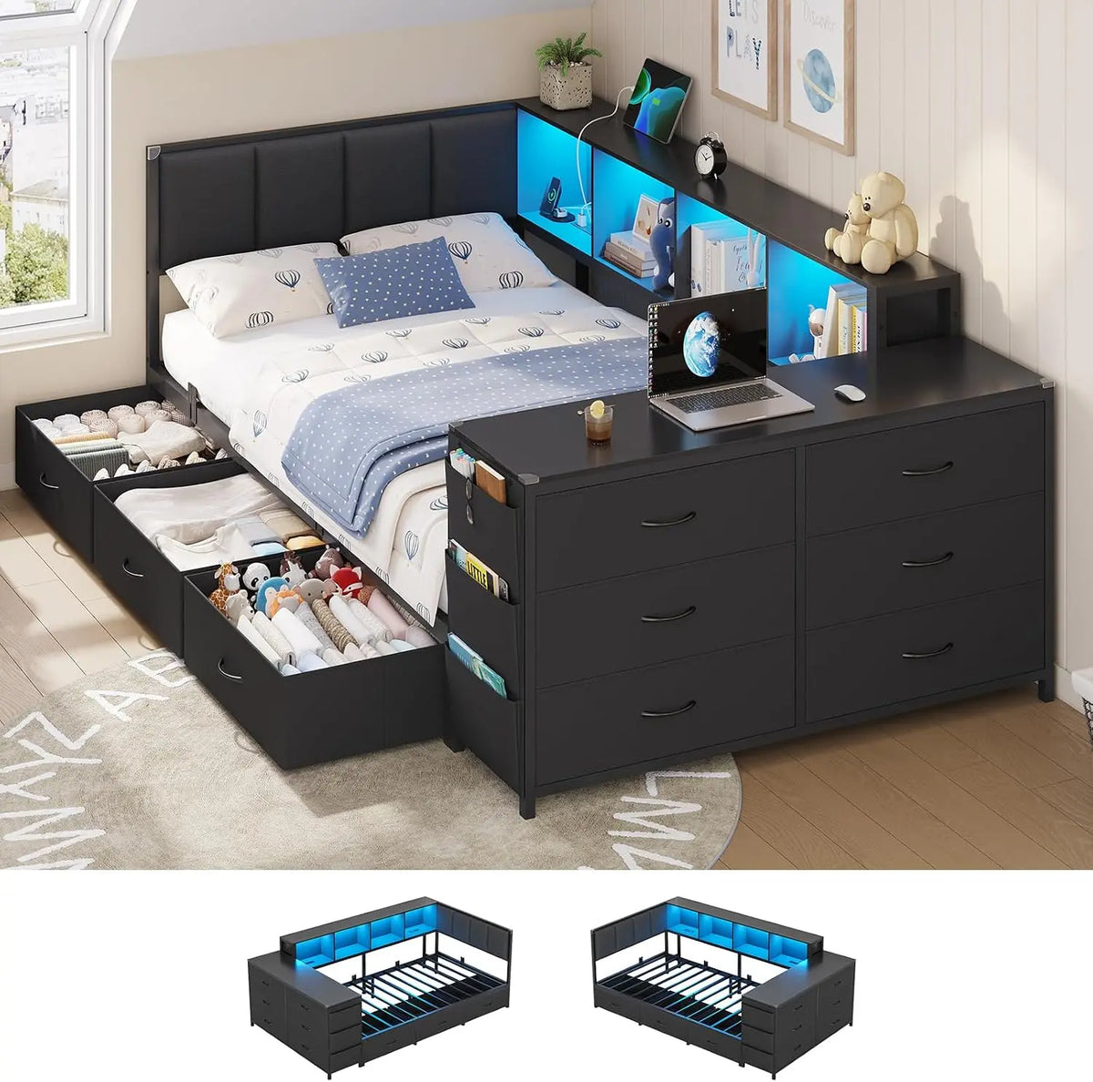Hasuit Twin Corner Bed with 6 Storage Dressers - 3 Drawers & Bookcase, Twin Day Bed with Charging Station and LED Light, Desk, Upholstered Headboard