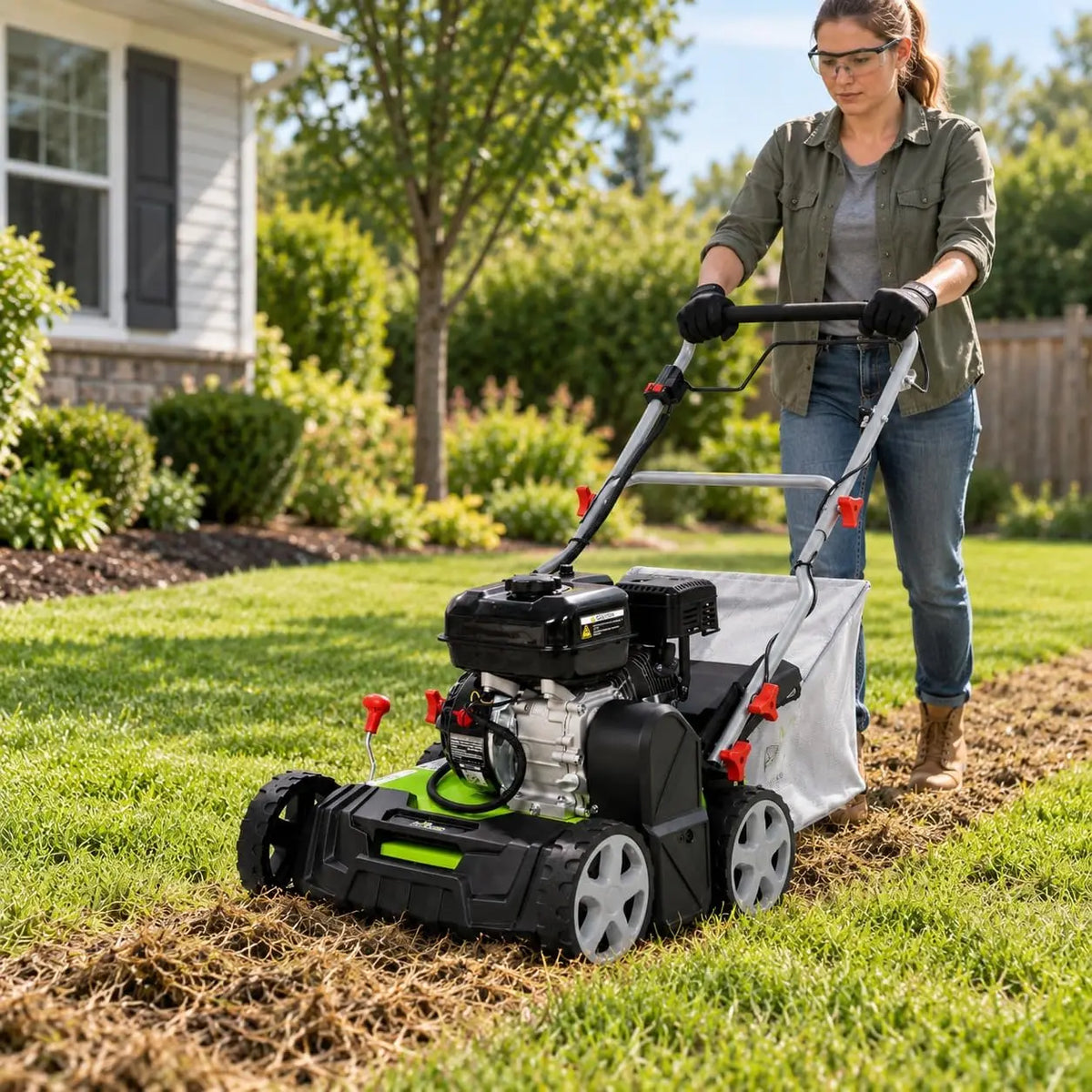 2-in-1 Dethatcher and Scarifier for Lawns - 212cc Gas Engine, 16in Work Path, Lawn Dethatcher and Aerator, 5-Position -0.6 to +0.6in Depth