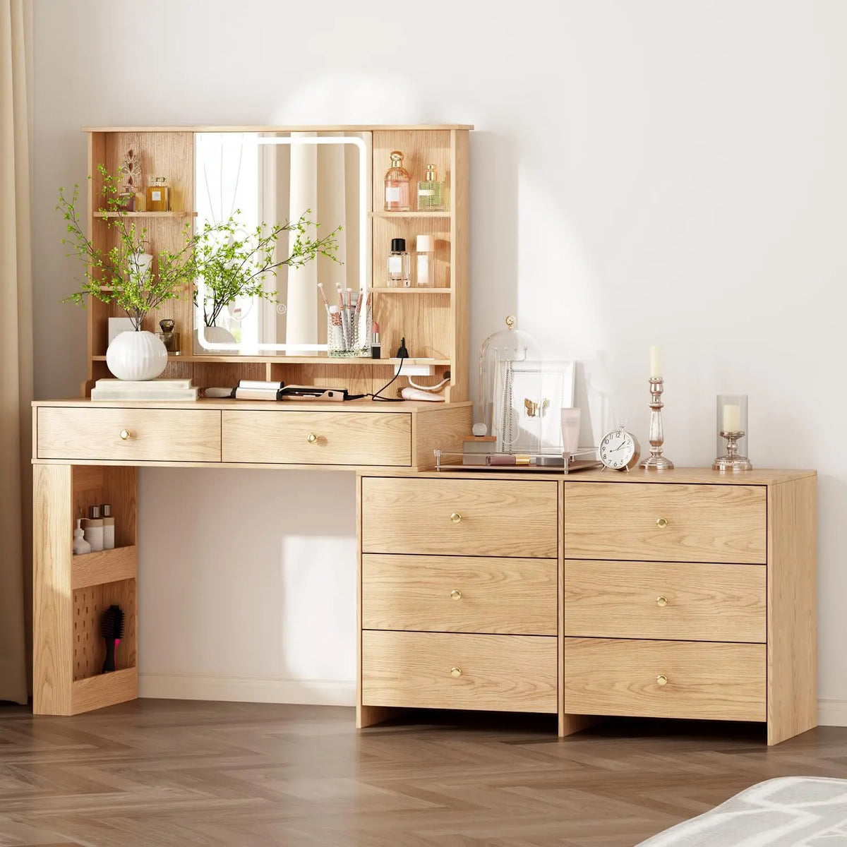 Ieejdn Makeup Vanity Desk with Mirror and Lights - Vanity Desk with 8 Drawers & Storage Shelves, Vanity Table with Power Outlet, Bedroom, Oak