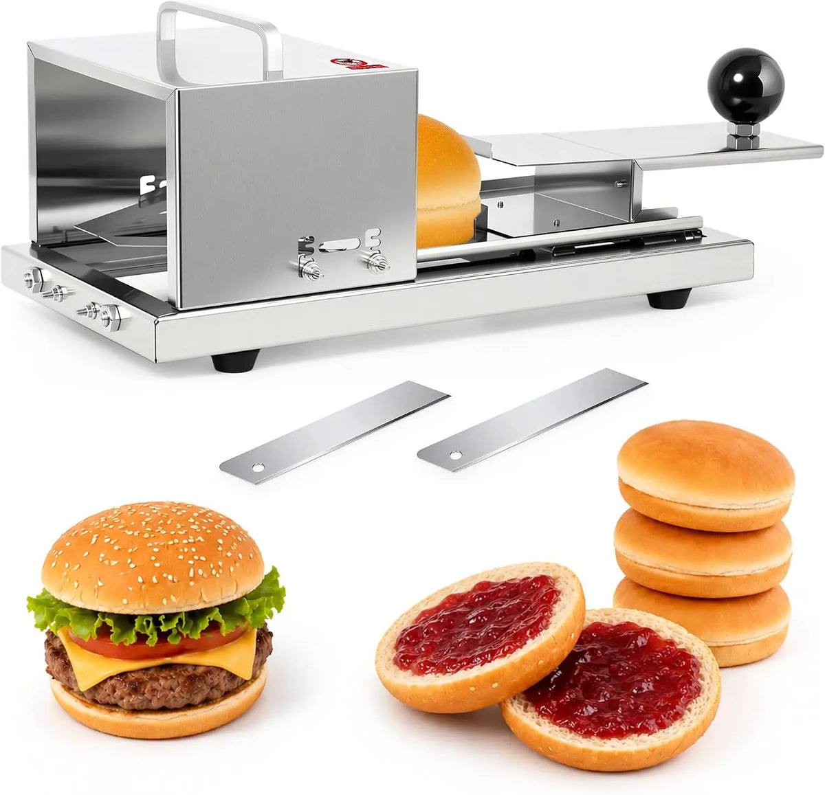 Manual Bagel Slicer - Adjustable Thickness Hamburger Bagel Cutter Slicer, with 2 Stainless Steel Blade Commercial Bread Slicer Machine