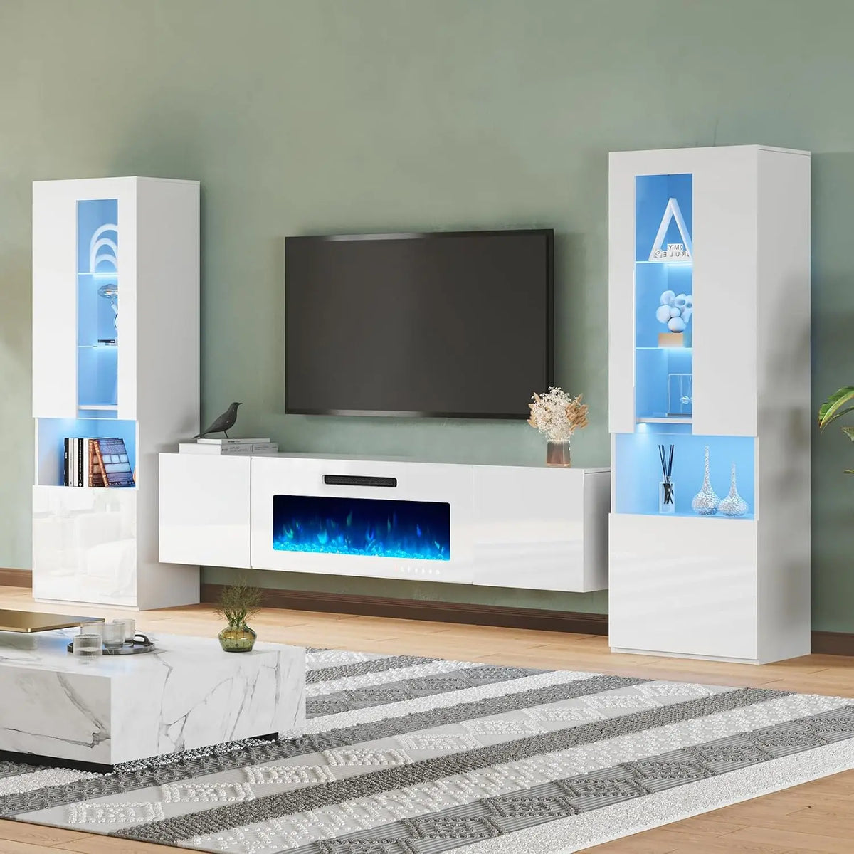 AMERLIFE High Gloss Living Room Entertainment Center with LED Lights - All White