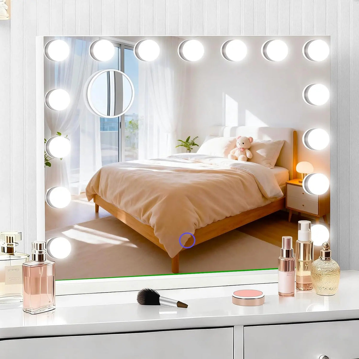 Hollywood Vanity Mirror with Lights - 23 Inch x 18 Inch Lighted Makeup Mirror with 15 Led Bulbs, 3 Color Lights, 10x Magnification, Desk/Wall Mounted