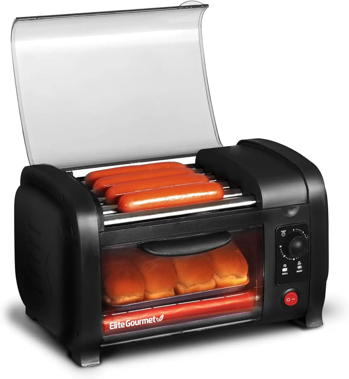 Elite Gourmet EHD-051BX Hot Dog Toaster Oven - Steel Rollers, 4-Bun, Black