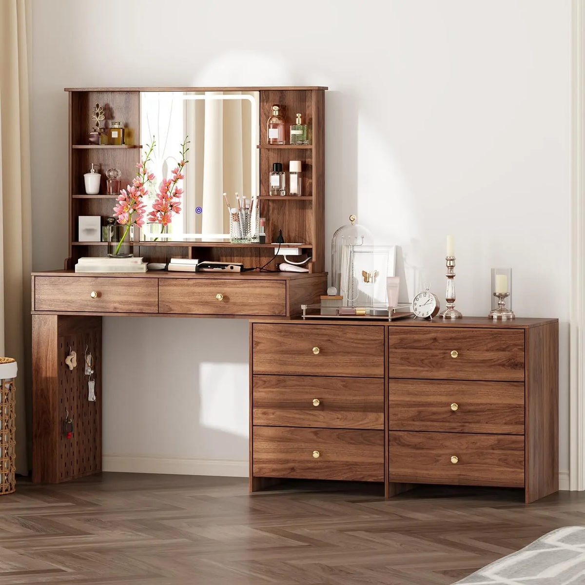 Ieejdn Makeup Vanity Desk with Mirror and Lights - Vanity Desk with 8 Drawers & Storage Shelves, Vanity Table with Power Outlet, Bedroom, Brown