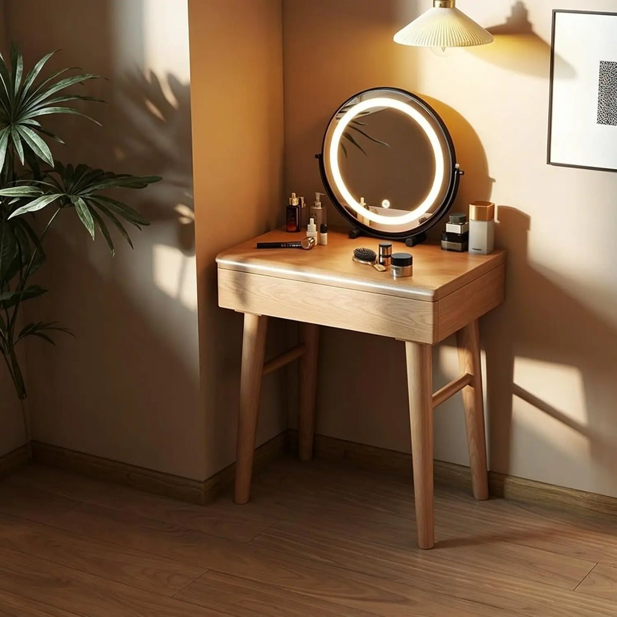 Natural Wood Dressing Table with LED Mirror - Spacious Makeup Vanity & Multi-Purpose Laptop Desk for Small Spaces, 120cm/47.2in Bedroom Furniture