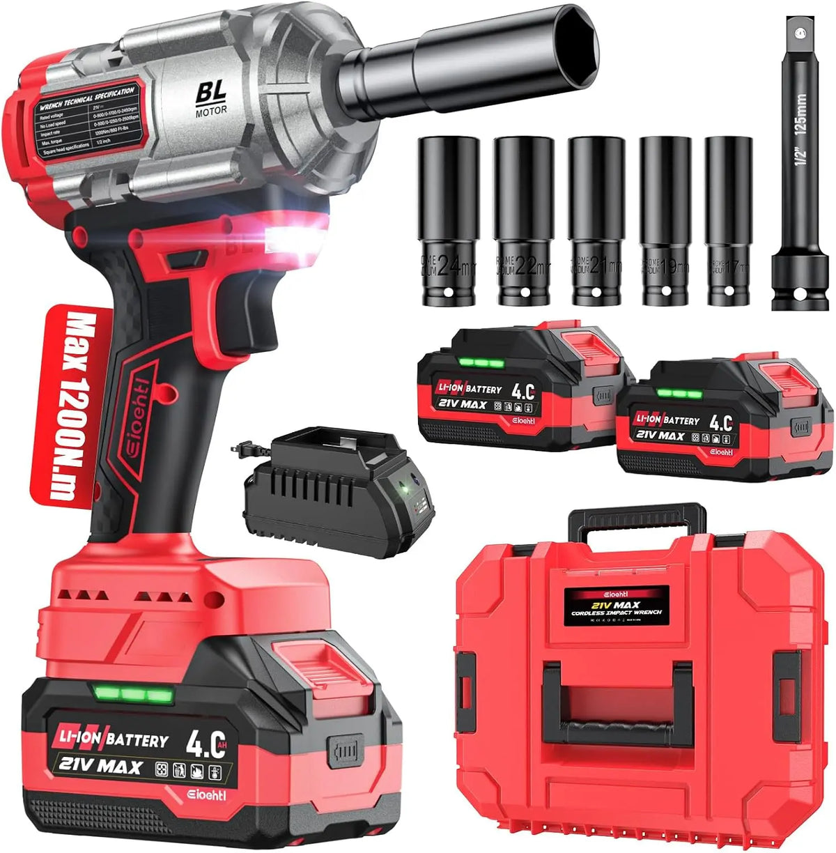 Cordless Impact Wrench 885 Ft-lbs - 1200N·m, Brushless High Torque 1/2 Inch Impact Gun, 21V 2×4.0Ah Batteries, 3-Mode Speed Control, Truck, RV & Mower