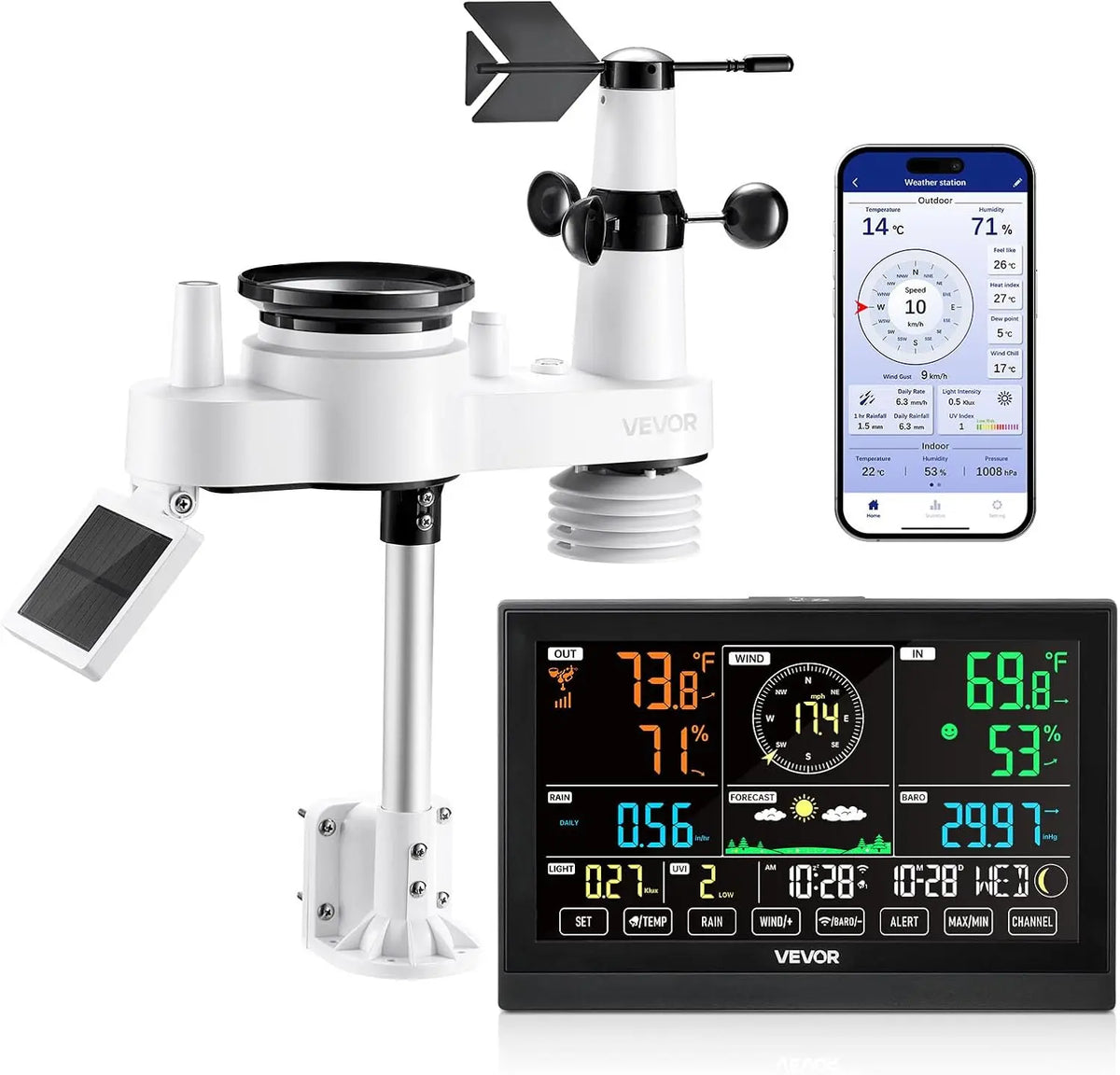 VEVOR 7-in-1 Wi-Fi Weather Station with APP - 7.5-Inch VA Display, Solar Powered Outdoor Sensor, Rain Gauge, Indoor Outdoor for Weather Forecast