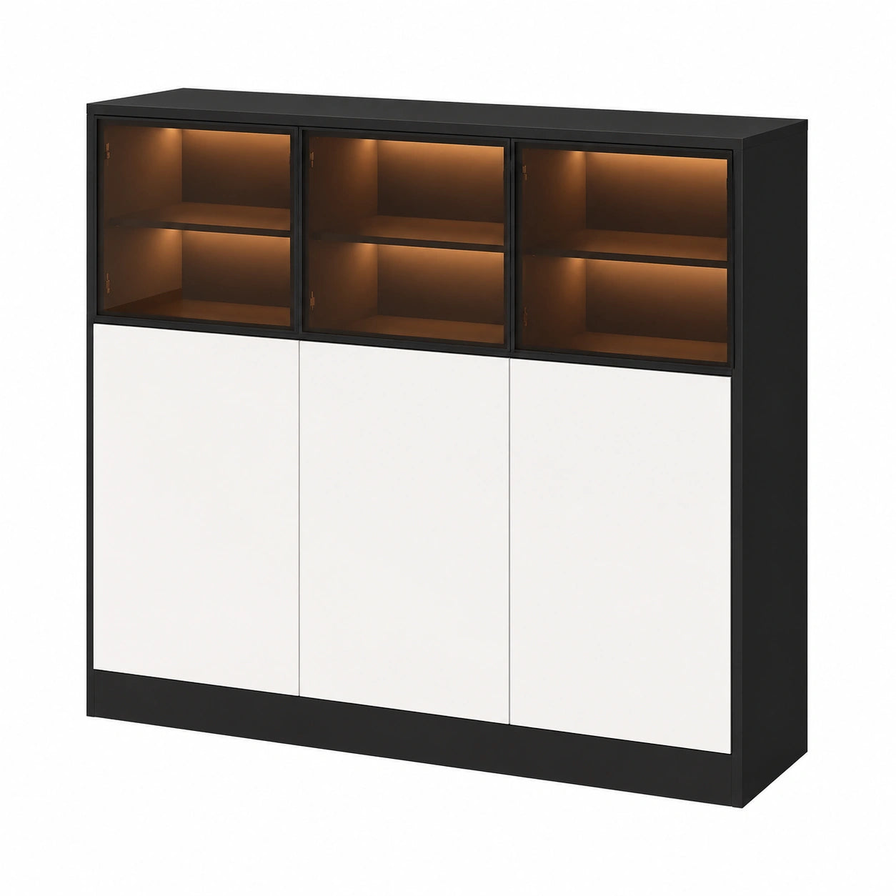 Credenza moderna con illuminazione LED e ante in vetro, 100 cm, colore nero e bianco, design sicuro e spazioso per soggiorno e cucina