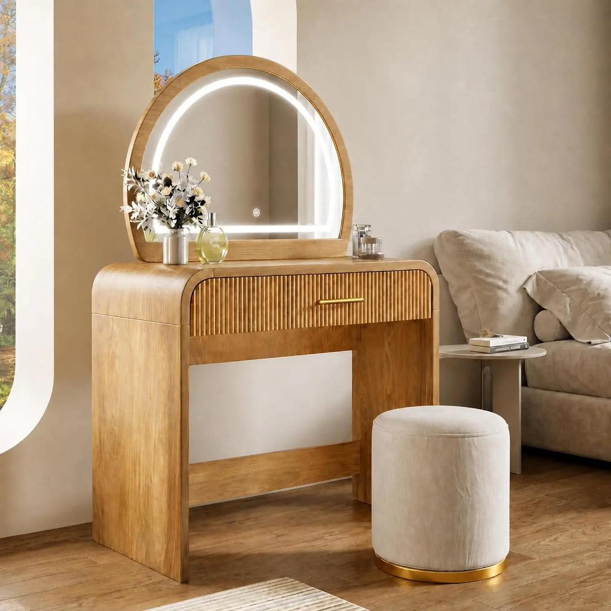 Makeup Vanity Desk with LED Mirror - Drawer and Curved Edges Natural
