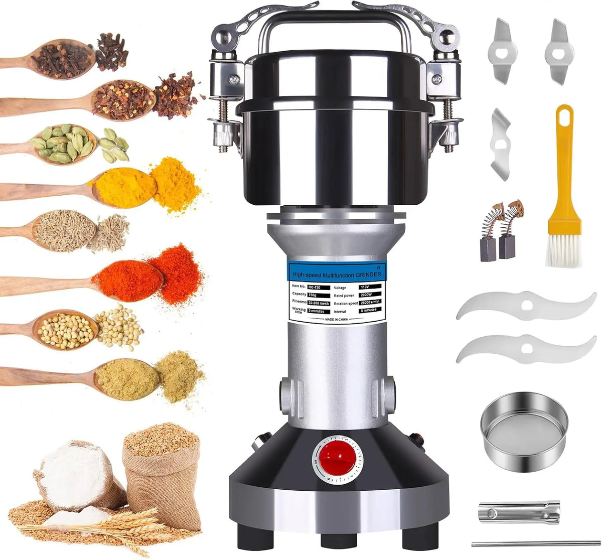 750g Electric Grain Mill Grinder - Stainless Steel High Speed Dry Pulverizer, 2000W Spice Flour Mill for Grains, Coffee Beans, Peppers