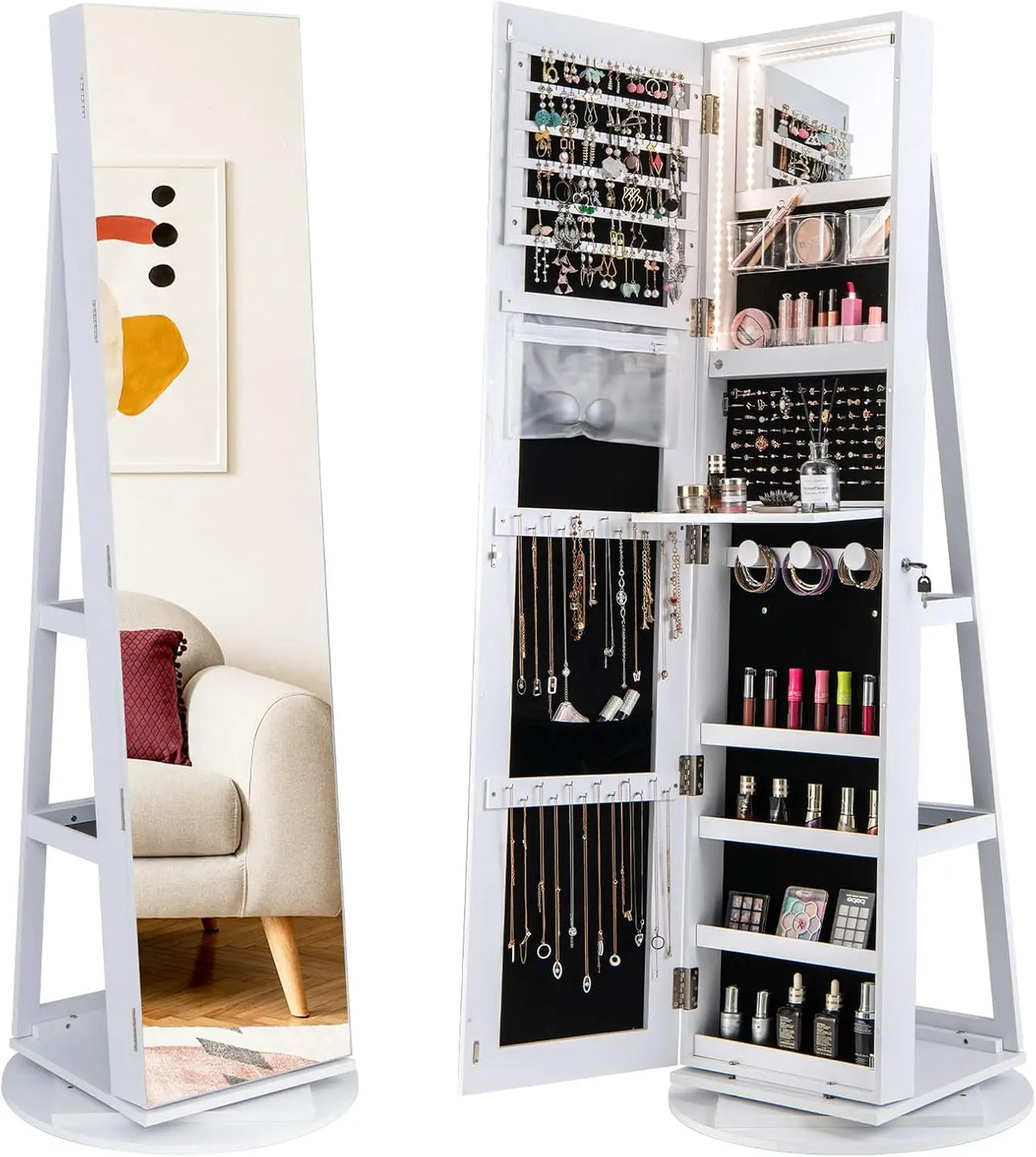 GOFLAME 360° Rotating Jewelry Cabinet with Full-Length Mirror - Freestanding Jewelry Armoire with 3-Color LED Light and Back Storage Shelf, White