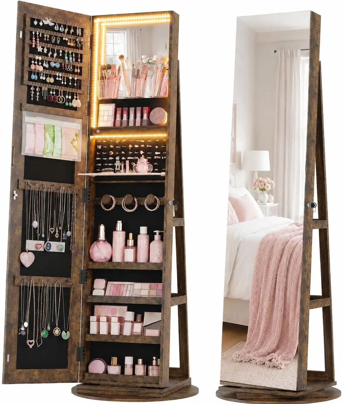 HWB 360° Swivel Mirror Jewelry Cabinet - 3 LED Lights, Lockable, Brown
