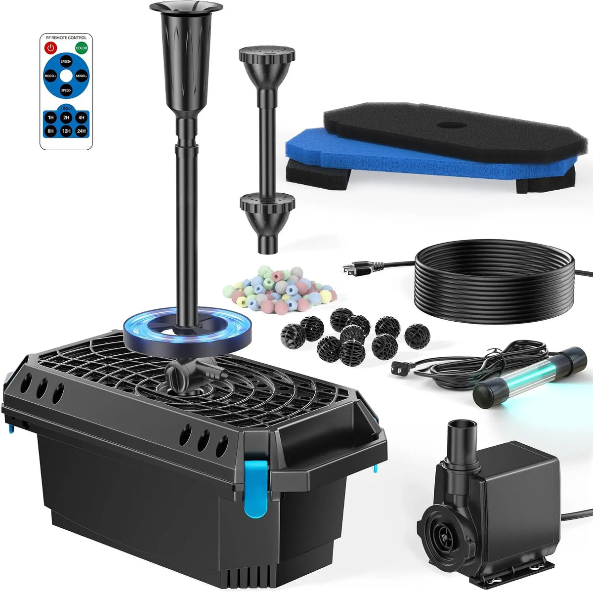 POPOSOAP Pond Filter with U-V Clarifier - 660GPH 40W Pond Pump and Filter Kit with RGB LED Lights