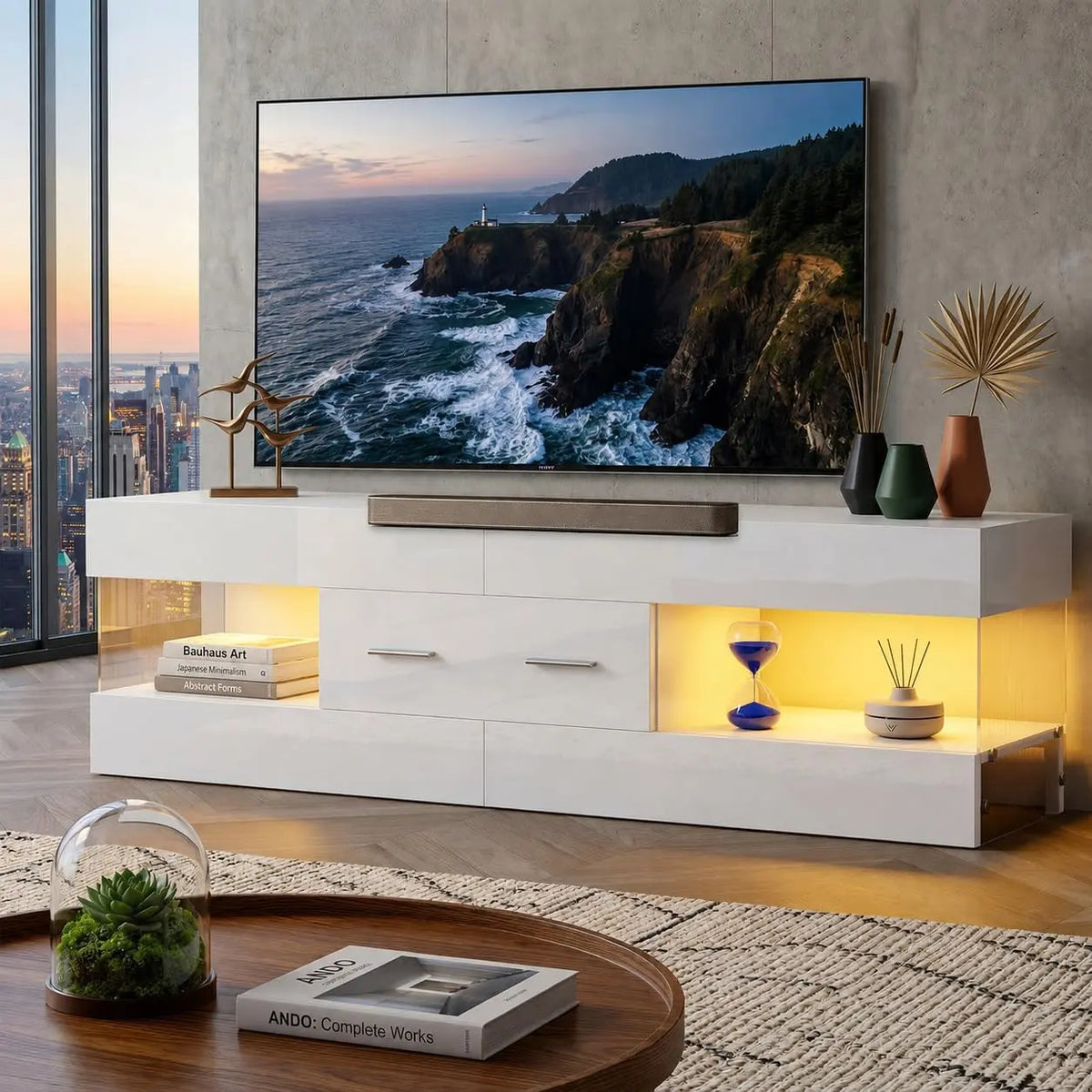 Bestier 60 Inch White Modern TV Stand - LED Entertainment Center Console