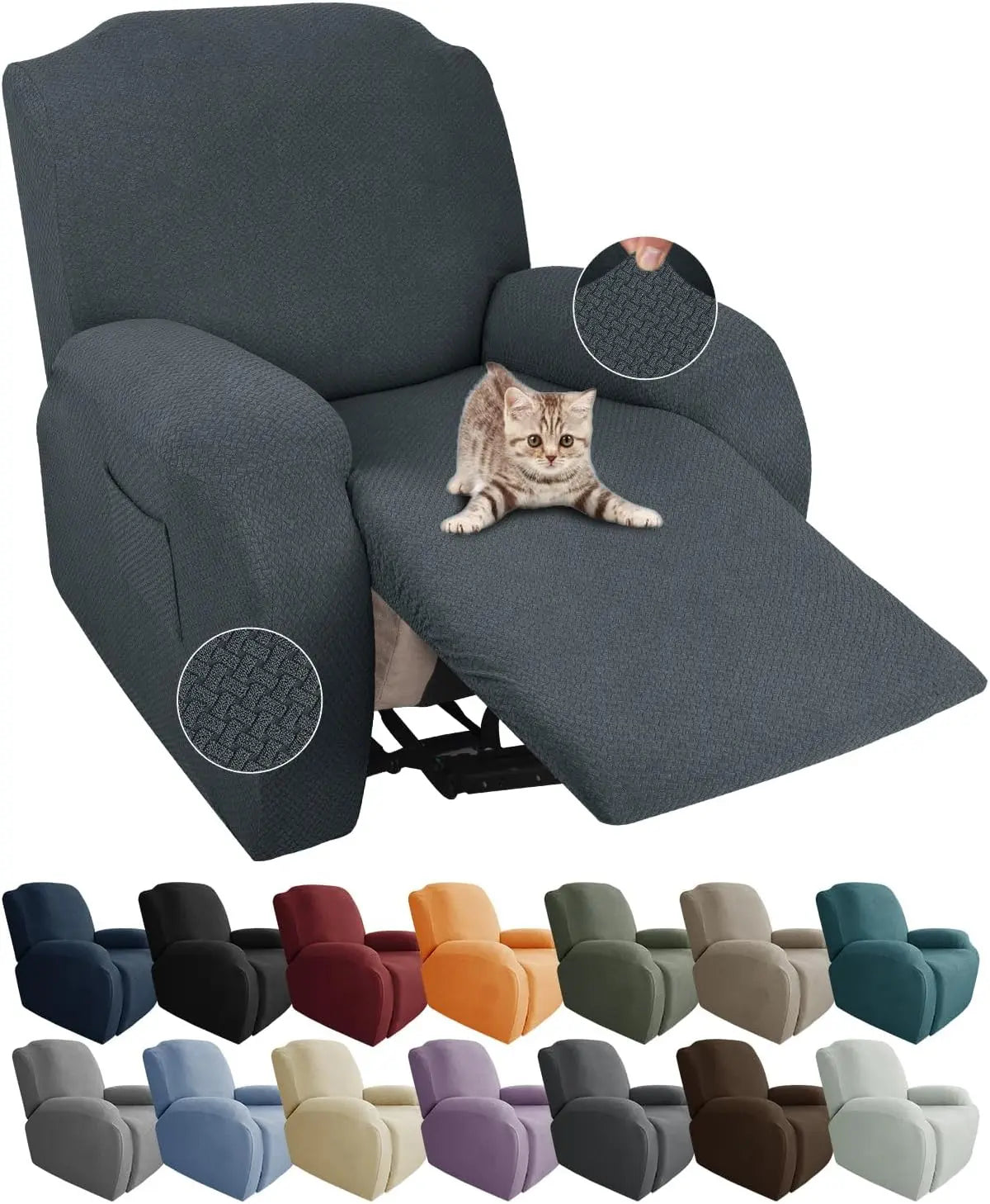 JIVINER Stretch Recliner Chair Covers - Pocket 4 Piece Chair Covers for Reclining Chair Furniture Protector Soft Recliner Cover with Elastic Bottom