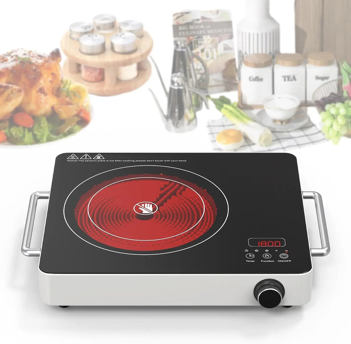 VBGK Electric Cooktop - 110V Touch and KnobElectric Stove Top, 1800W Single Burner WithHandle, 9 Power Levels, Kids Safety Lock & 4HTimer, Portable