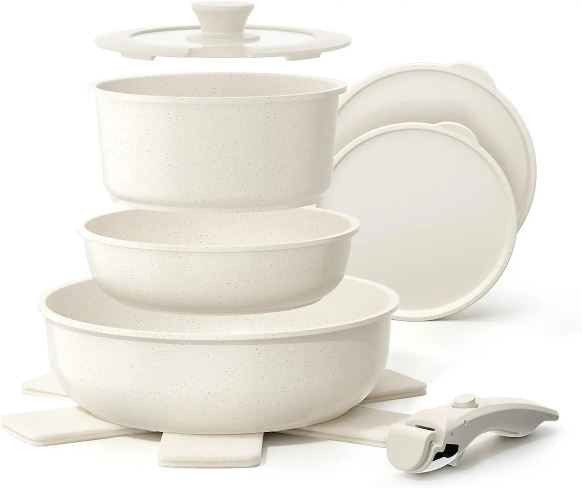 YASHE 9Pcs Granite Nonstick Pots and Pans Set - Oven Safe, Stackable
