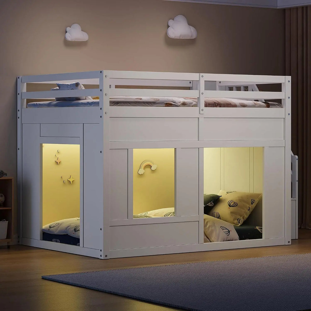 VilroCaz Full Size Wood Loft Bed Frame - With Storage Stairs and LED Lights