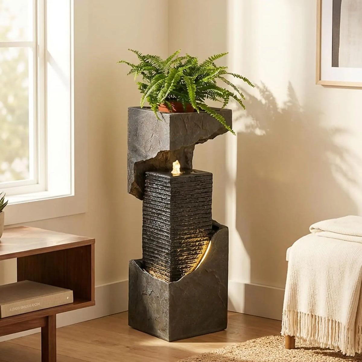 Bumilgar 35.4 Inch Outdoor Indoor Waterfall Fountain with LED Lights