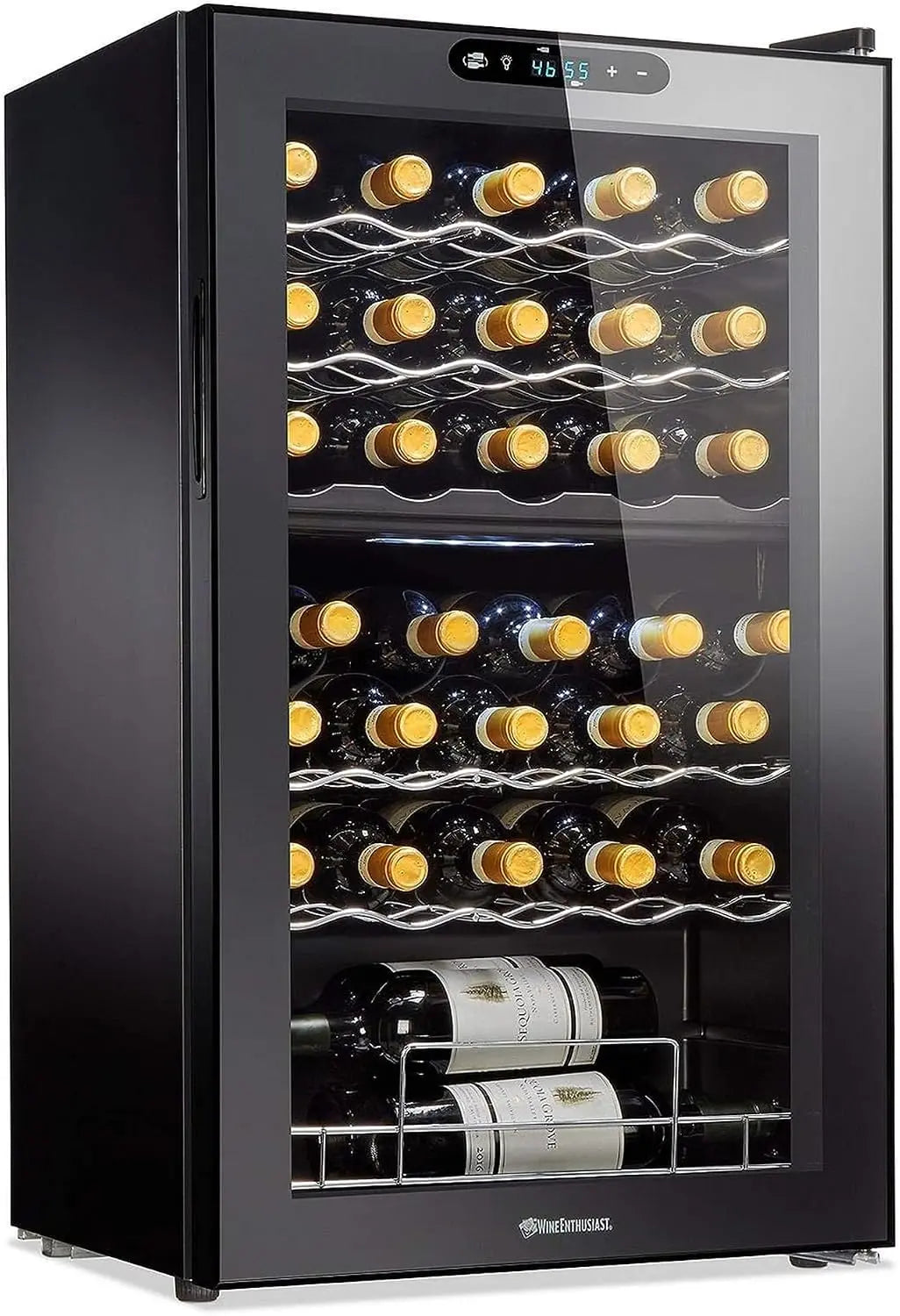 Wine Enthusiast 32-Bottle Dual Zone Max Compressor Wine Cooler - Freestanding Mini Fridge with Digital Touchscreen, LED Display
