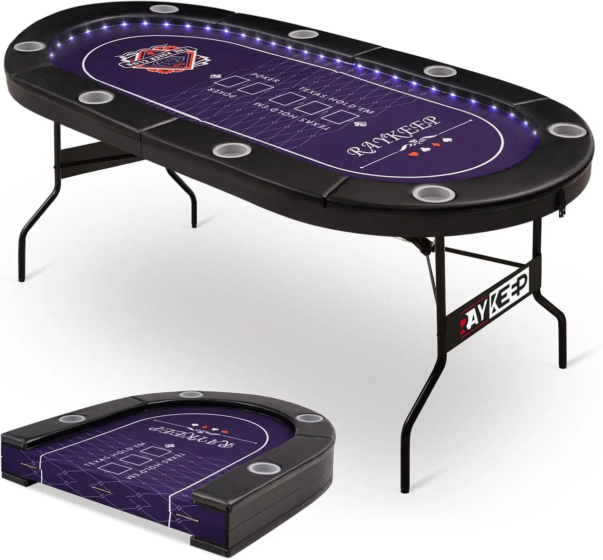 RAYKEEP 71 Inch LED Poker Table - 8 Player Foldable Texas Hold'em Table