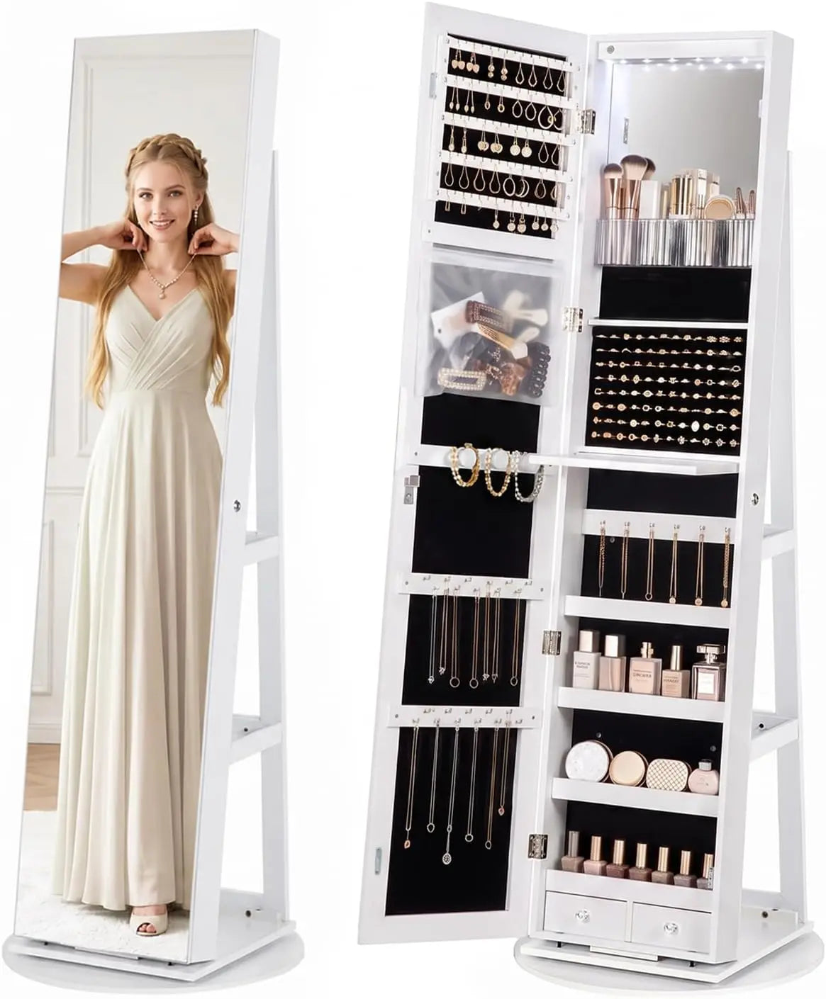 360° Swivel Jewelry Armoire Cabinet with Full Length Mirror - Lockable Jewelry Organizer with 6 LED Vanity Mirror, 3 Storage Shelves