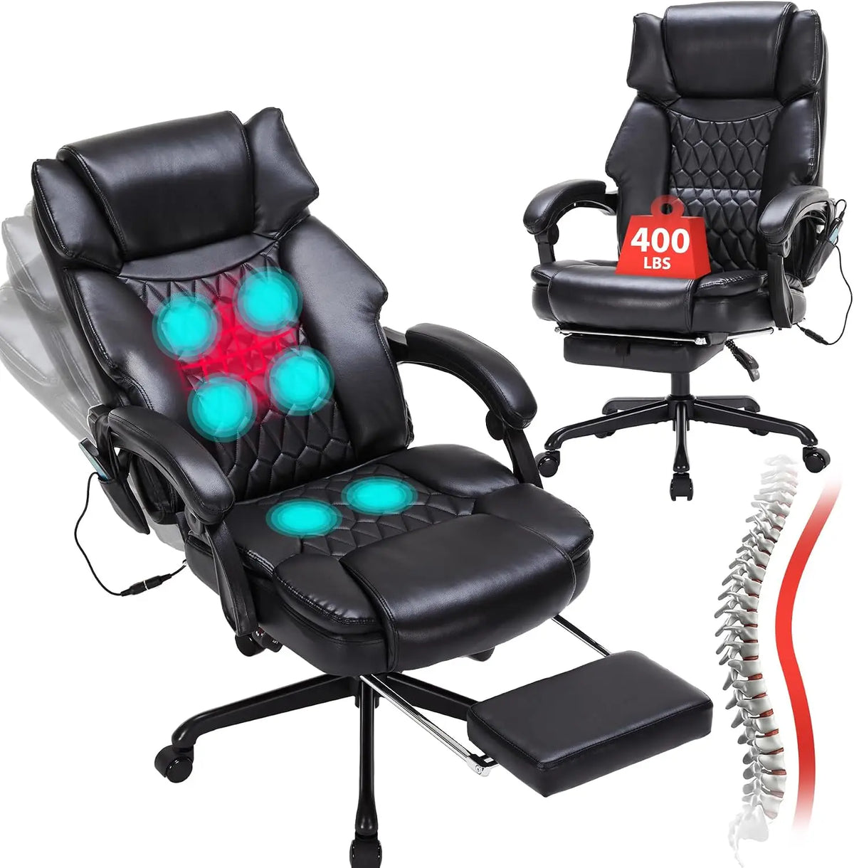 Massage Office Chair with Foot Rest 6 Points Vibration and Heat Home Office Desk Chairs for Heavy People 400lbs Reclining Managerial Chairs Ergonomic