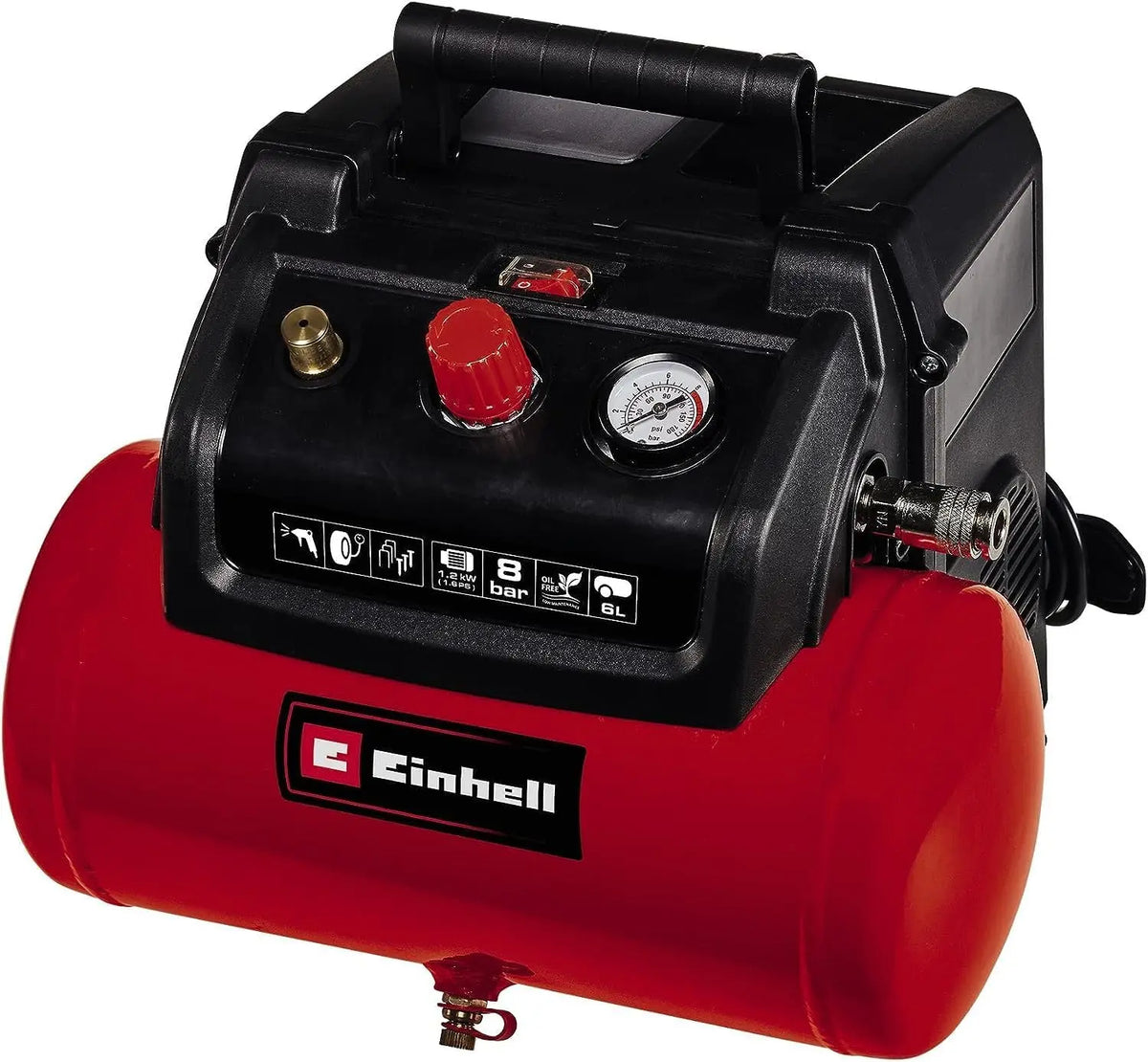 Einhell Compressor TC-AC 190/6/8 - 1.2 kW, Max. 8 bar, 190 l/min. suction power, 6 litre tank, oil-free pump, manometer, quick release