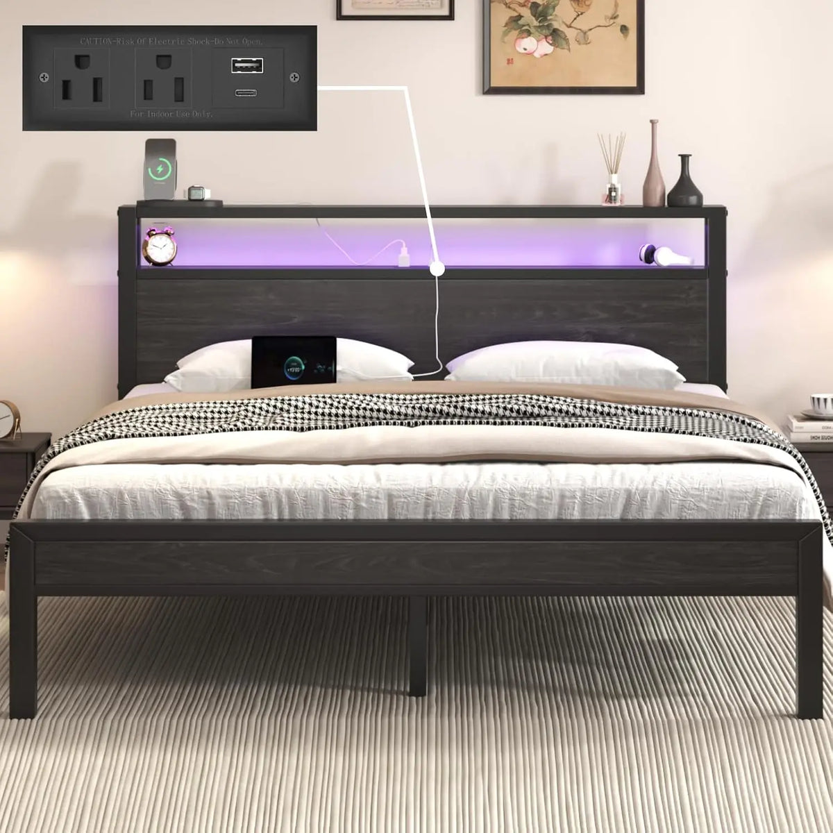 E-Motie Full Size Bed Frame with LED Lights and Charging Station - Black