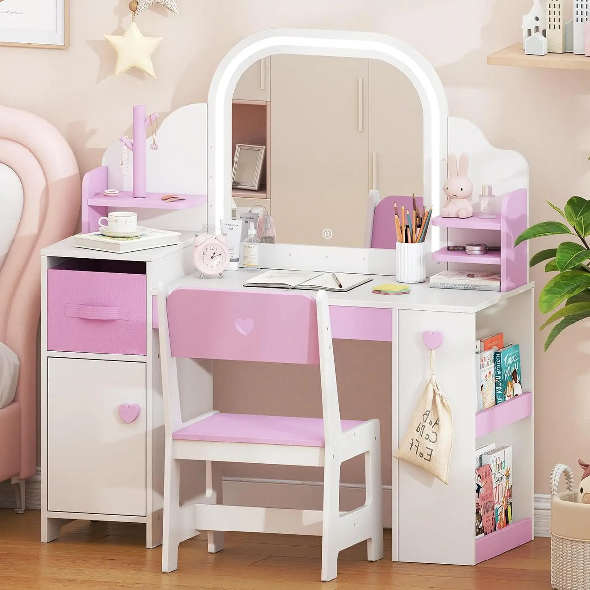 Frogprin Kids Vanity with Lights and Chair - Princess Makeup Vanity Desk with Mirror Bookshelf Storage Cabinet