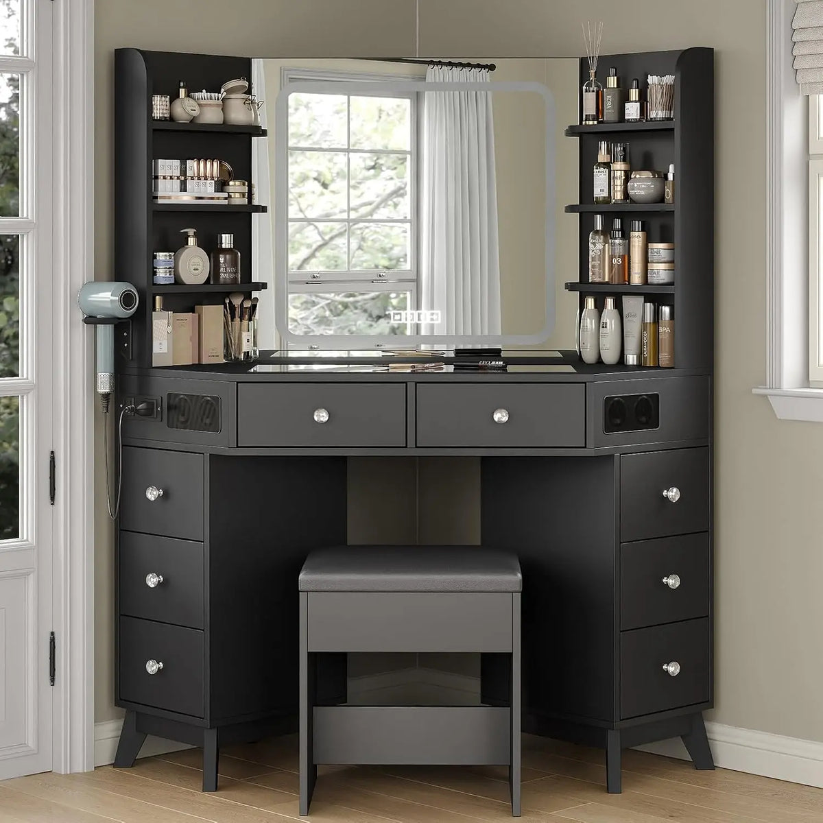 Yanosaku Corner Vanity Desk with Buil-in Speaker - 8 Drawers & 6 Shelves, Makeup Vanity with Glass Top, Modern Vanity with Mirror and Lights, Black