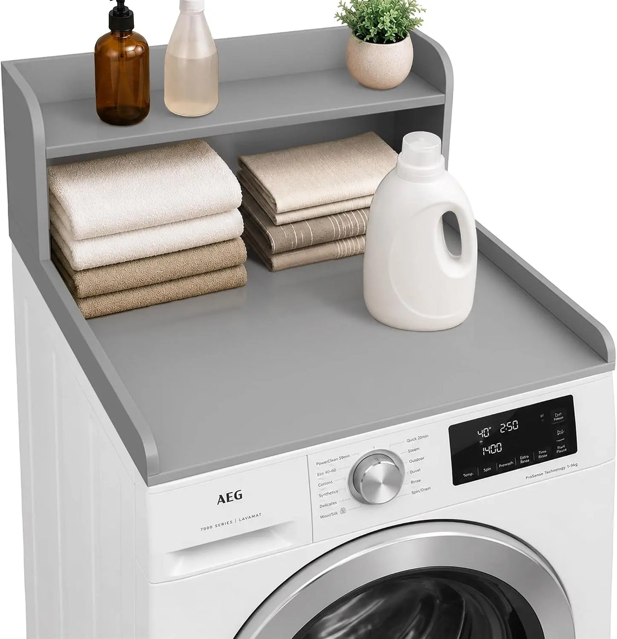 Royxen Single Washer Dryer Countertop - 2-Tier Laundry Countertop with Shelf, Soild Wood Core Washer Dryer Topper for Laundry Room Organization, Gray