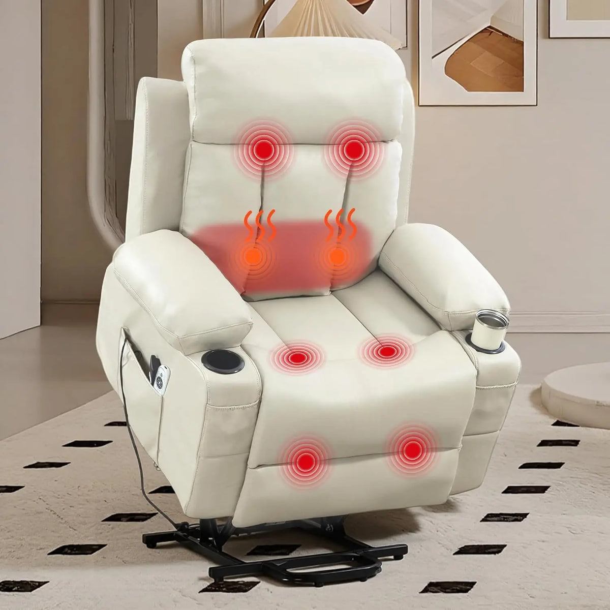 Power Lift Recliner Chair for Elderly - Electric Single Sofa with Vibration Massage & Heat, USB Port, Cup Holder, Faux Leather, Beige