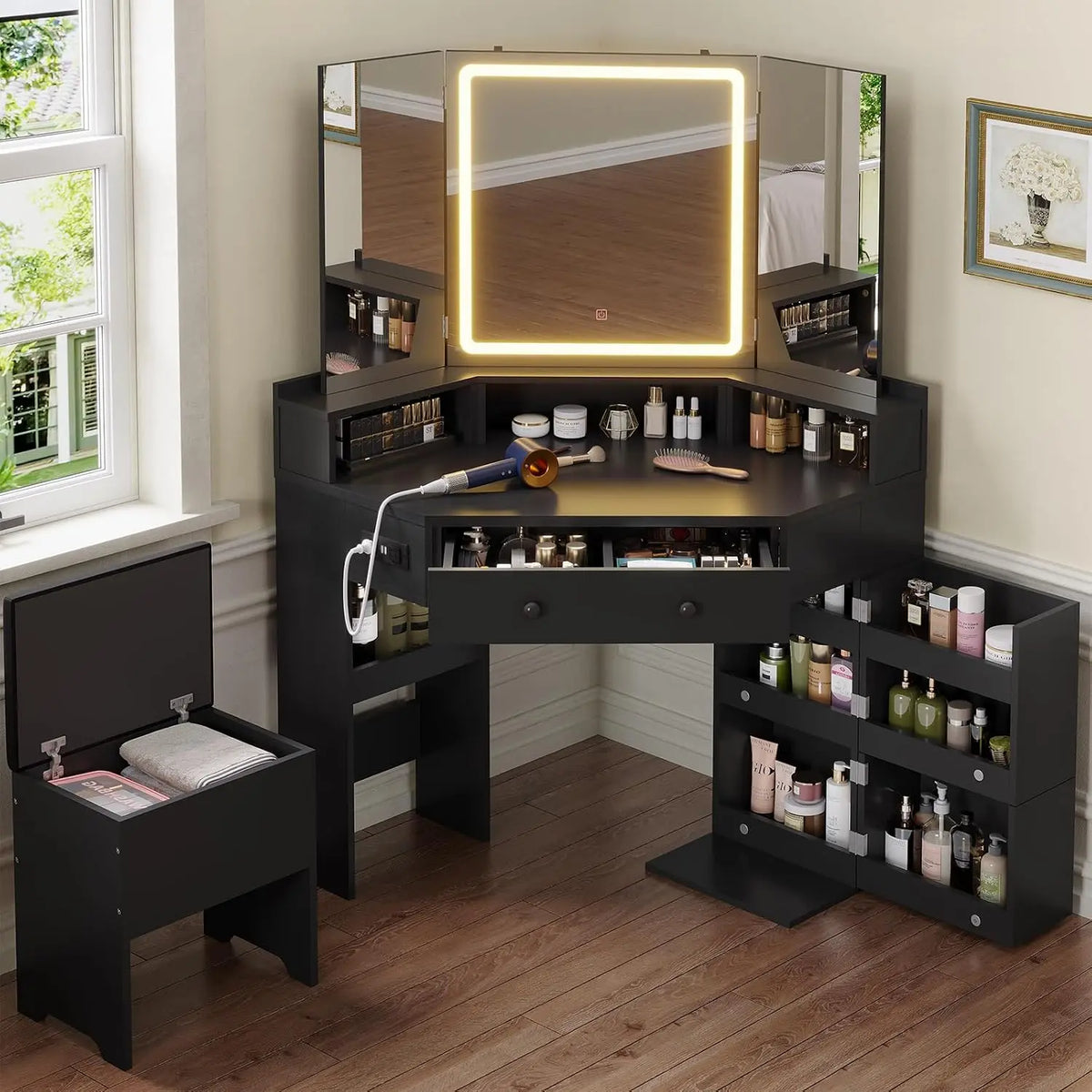 HAUOMS Corner Vanity Desk with Mirror Lights & Storage Bench - Black