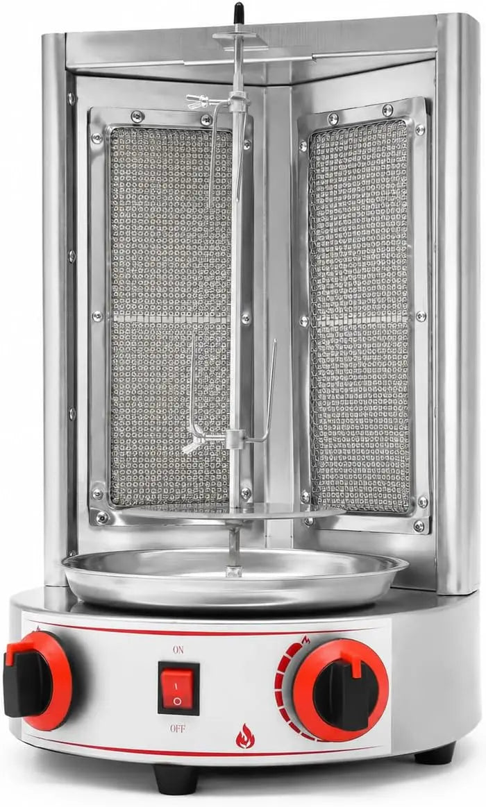 Gas Shawarma Machine - 110V Stainless Steel Vertical Rotisserie Grill, 3000W Countertop Doner Kebab Machine with 2 Burners for Outdoor Cooking