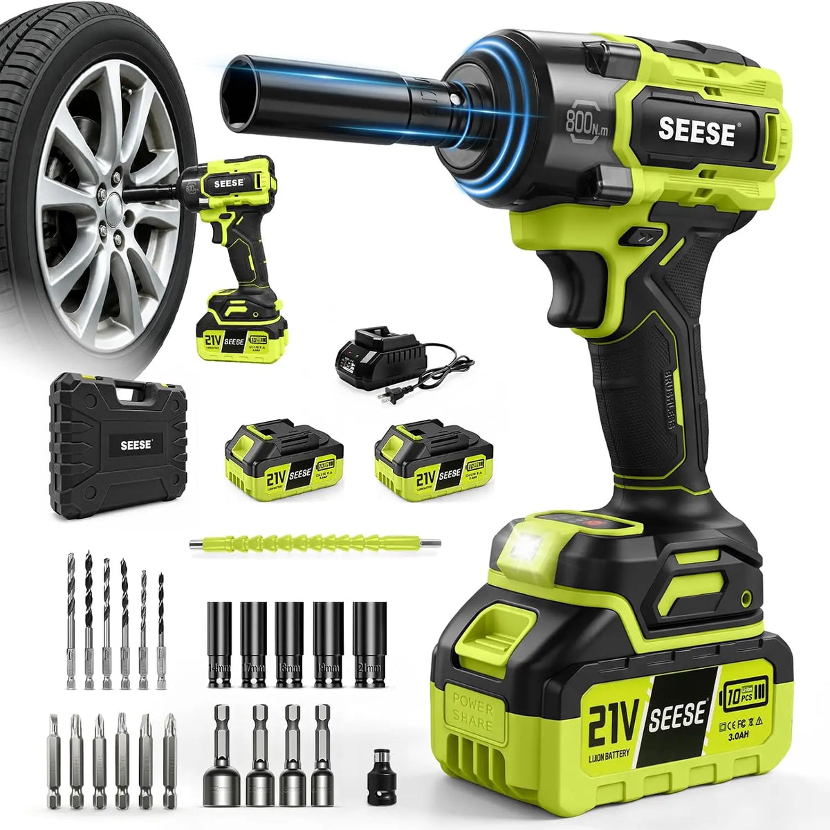 SEESE Cordless Impact Wrench Kit: 590 Ft-lbs - 800N.m, 3500IPM High Torque