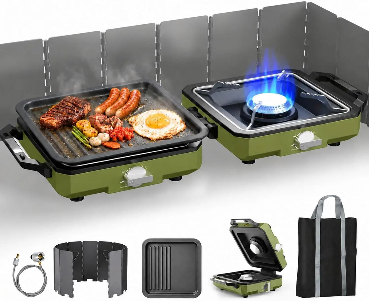 ODSD 2 Burner Camping Stove with Windshield - 20000 BTU Propane Camp Stove, Portable Folding Gas Stove, Camping Essentials Gear Includes Frying Pan