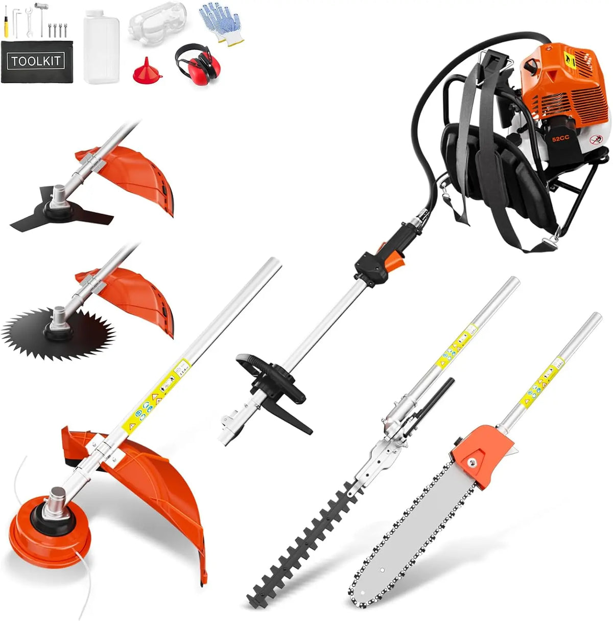 52cc 6 in 1 Gas Powered Hedge Trimmer - String Trimmer & Pole Saw