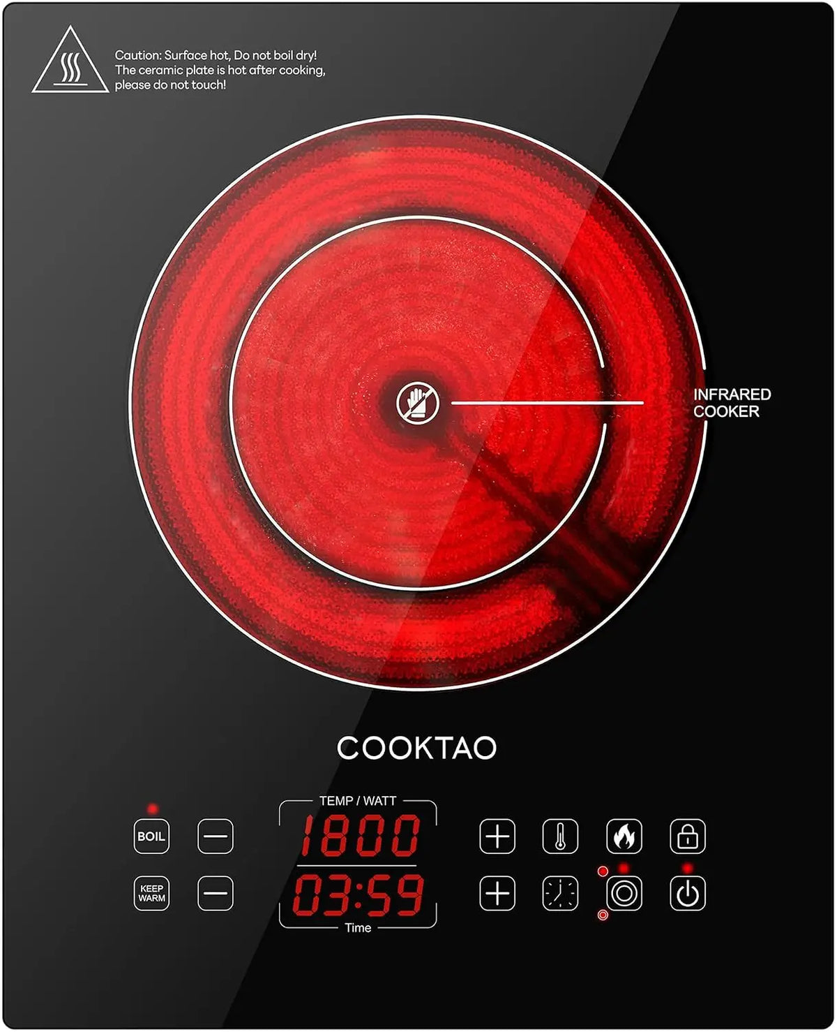 Dual Heating Coil Design of Single Burner Electric Cooktop - 1800W Ceramic Infrared Cooking Hot Plate
