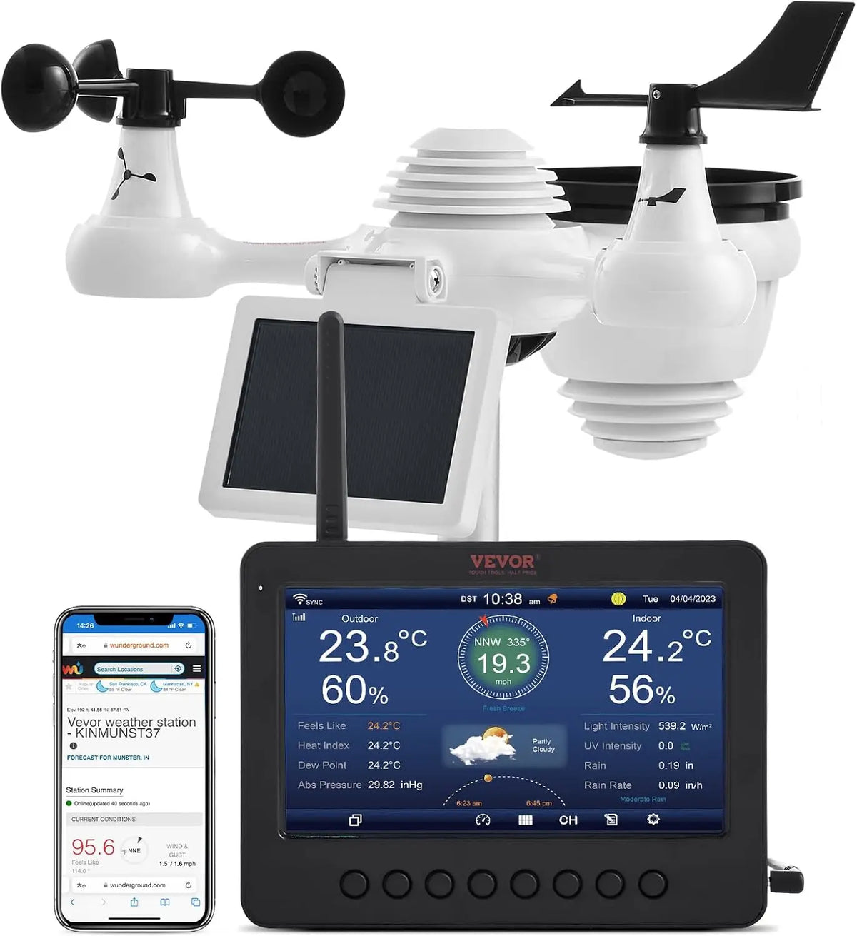 VEVOR 7-in-1 Wi-Fi Solar Self-Charging Weather Station with 7 Inch TFT Color Display - Solar-Powered Outdoor Sensor, Humidity