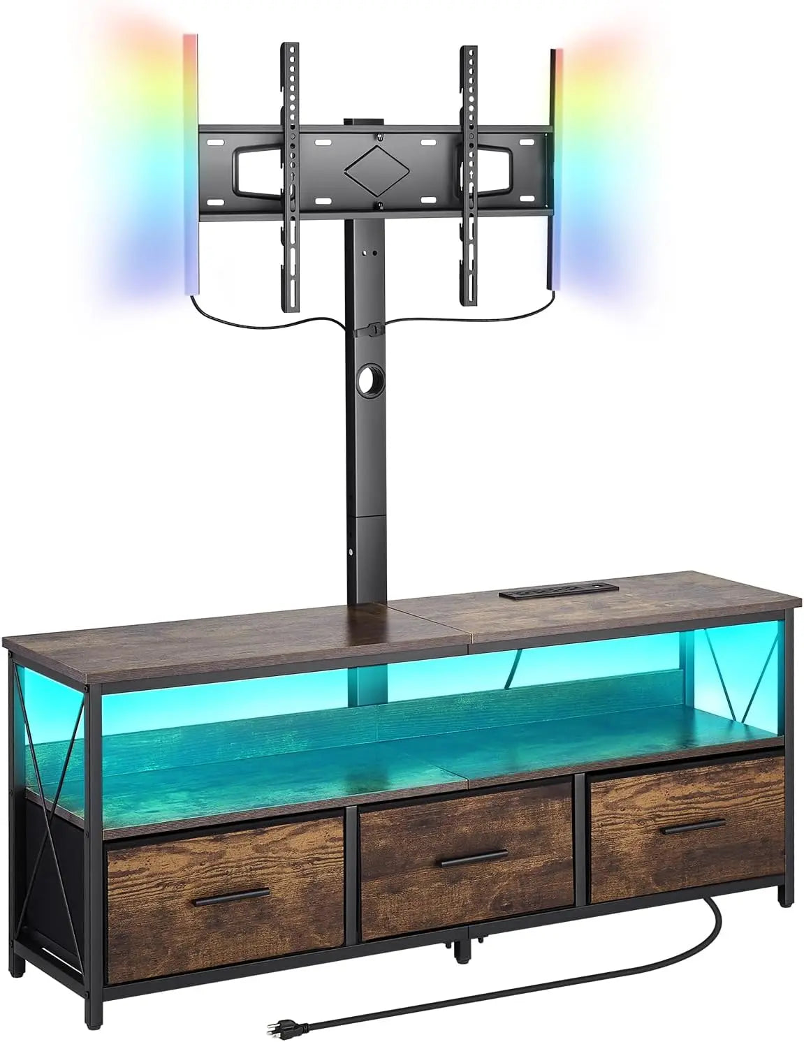 VEVOR 52 Inch TV Stand with Mount for up to 75 in TVs - Entertainment Center with Power Outlet & LED Lights, Living Room, Brown