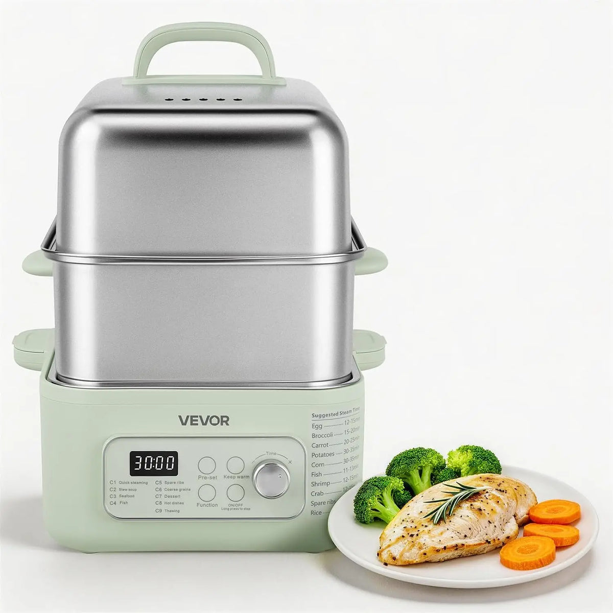 VEVOR Electric Food Steamer 13.7 QT 2-Tier Stainless Steel for 3-6 Servings - Keep Warm, for Veggies, Seafood & Rice, Green