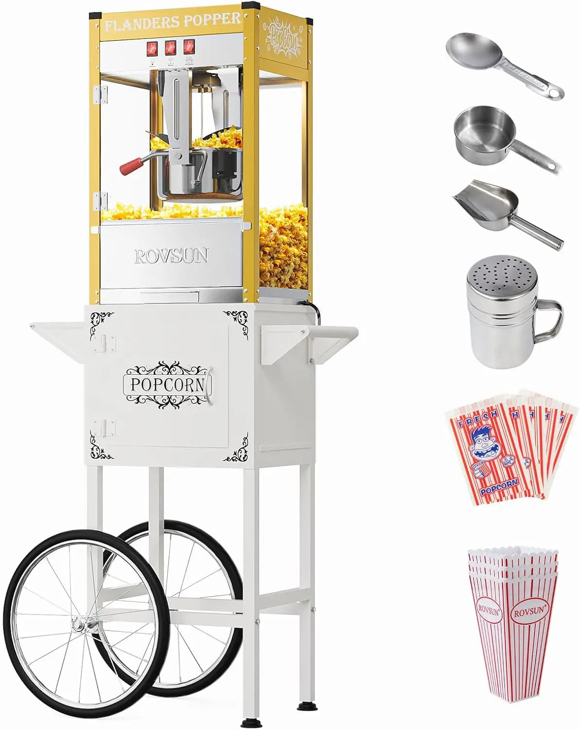 ROVSUN Popcorn Machine with Cart ETL - 10 Oz Kettle Makes Up to 4 Gallons, Popcorn Maker w/Scoop, Oil Spoon, Bags & 3 Popcorn Cups, Golden