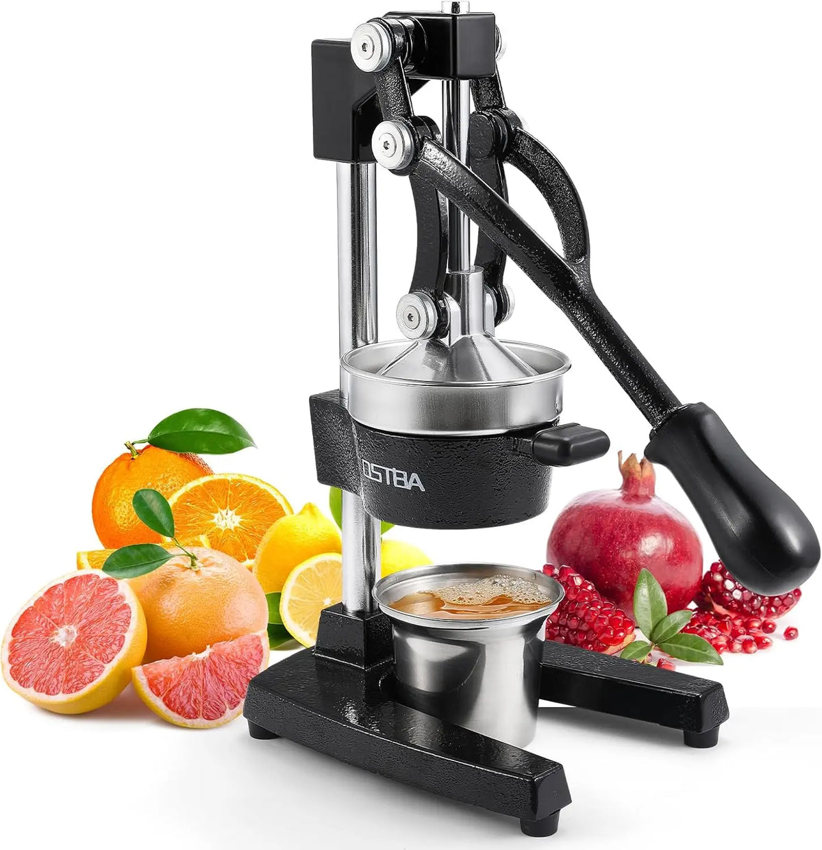 OSTBA Cast Iron Manual Citrus Juicer - Heavy Duty Hand Press Orange Juicer with Stainless Steel Cup & Strainer, Lemon, Lime, Grapefruit, Pomegranate