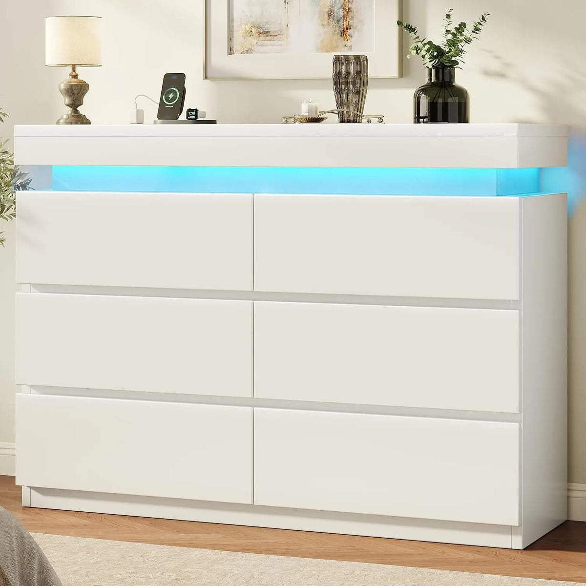 6 Drawer Dresser with LED Lights and Charging Station - Modern White Dresser