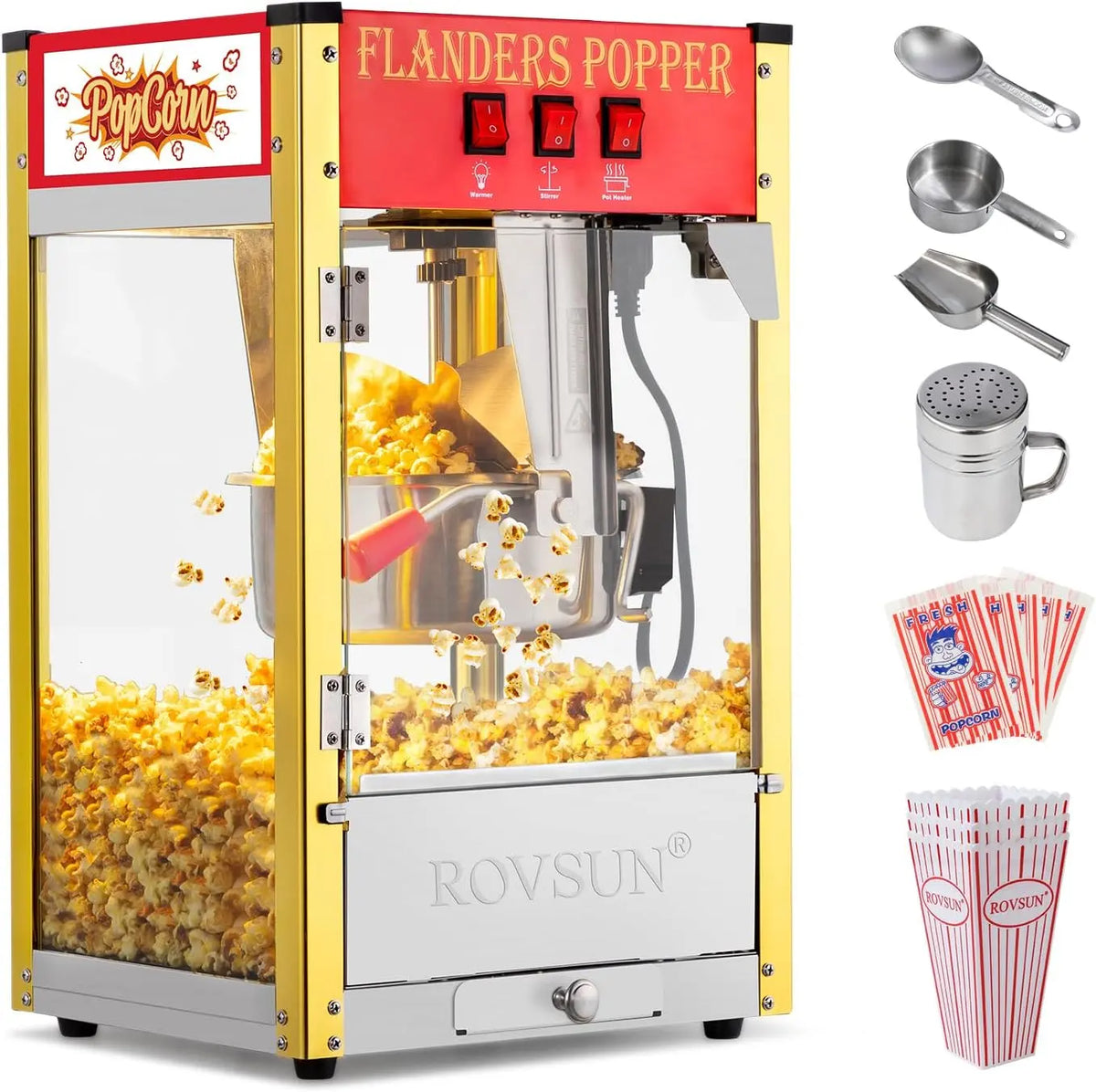 ROVSUN Popcorn Machine with 8 Ounce Kettle Makes Up to 32 Cups - Commercial Popcorn Machine Countertop Popcorn Maker w/Stainless Steel Scoop, ETL, Red